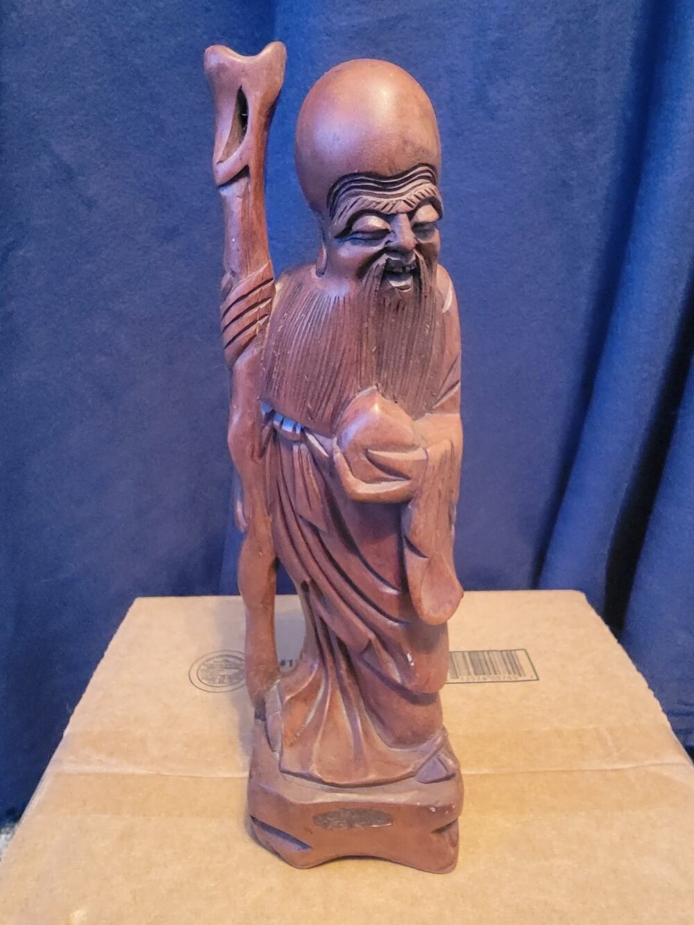 Vintage Chinese Carved Wood Shou Lao Longevity God Figurine Statue 12"
